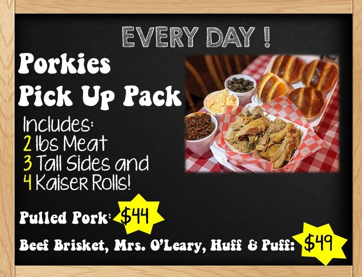 Porkies 2022 Pick Up Pack - 2lbs meat, 3 tall sides, 4 rolls. Choice of Meats.